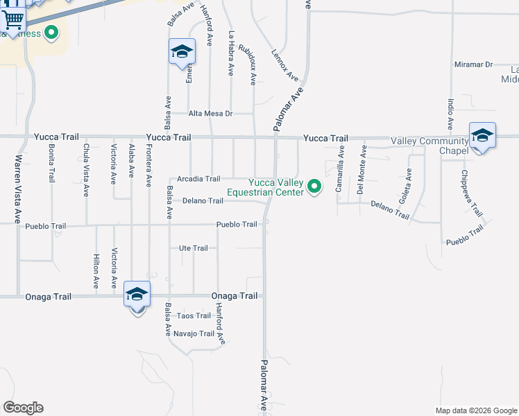 map of restaurants, bars, coffee shops, grocery stores, and more near 58385 Delano Trail in Yucca Valley