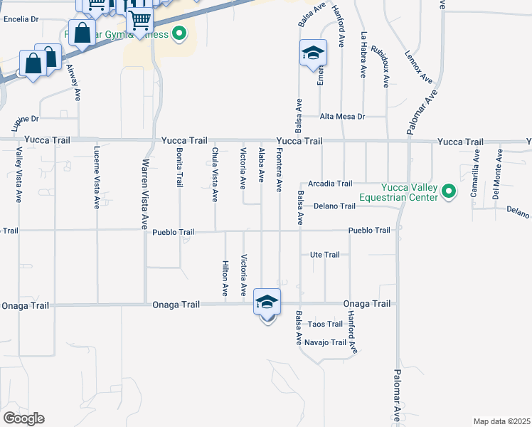 map of restaurants, bars, coffee shops, grocery stores, and more near 7475 Alaba Avenue in Yucca Valley