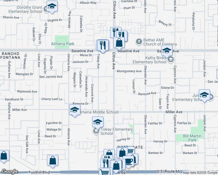 map of restaurants, bars, coffee shops, grocery stores, and more near 7515 Cherimoya Court in Fontana