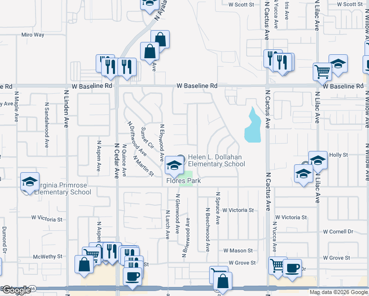 map of restaurants, bars, coffee shops, grocery stores, and more near 1073 West Wabash Street in Rialto