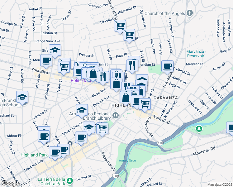 map of restaurants, bars, coffee shops, grocery stores, and more near 6229 Outlook Avenue in Los Angeles
