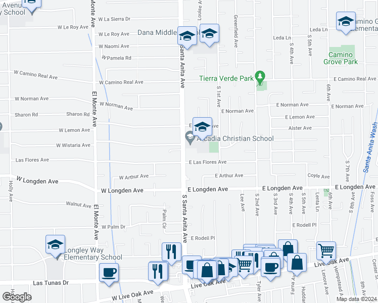 map of restaurants, bars, coffee shops, grocery stores, and more near 1930 South Santa Anita Avenue in Arcadia