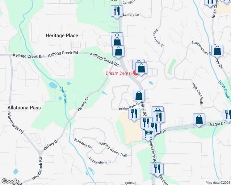 map of restaurants, bars, coffee shops, grocery stores, and more near 1138 Britley Park Lane in Woodstock