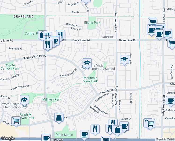 map of restaurants, bars, coffee shops, grocery stores, and more near 7497 Mountain View Drive South in Rancho Cucamonga