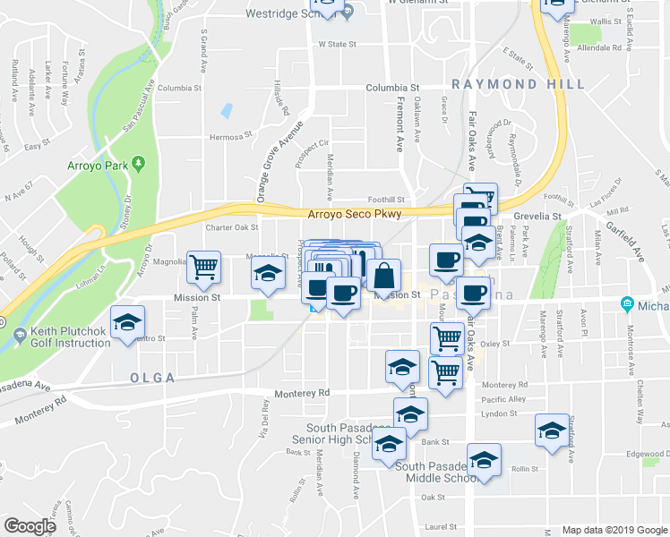 map of restaurants, bars, coffee shops, grocery stores, and more near 1002 Hope Street in South Pasadena