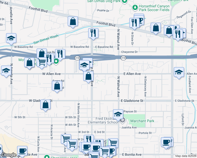 map of restaurants, bars, coffee shops, grocery stores, and more near 887 El Paso Court in San Dimas