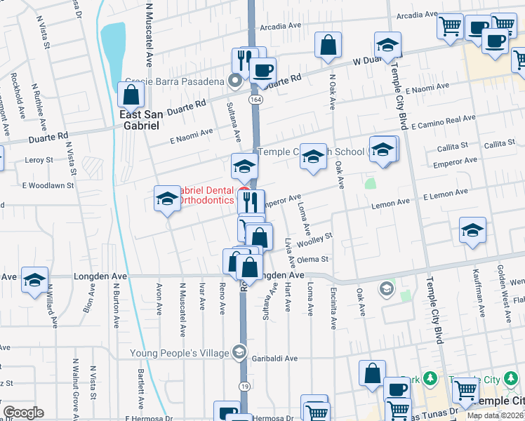 map of restaurants, bars, coffee shops, grocery stores, and more near 9021 Emperor Avenue in San Gabriel