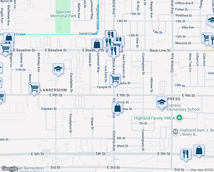 map of restaurants, bars, coffee shops, grocery stores, and more near 26464 Temple Street in Highland