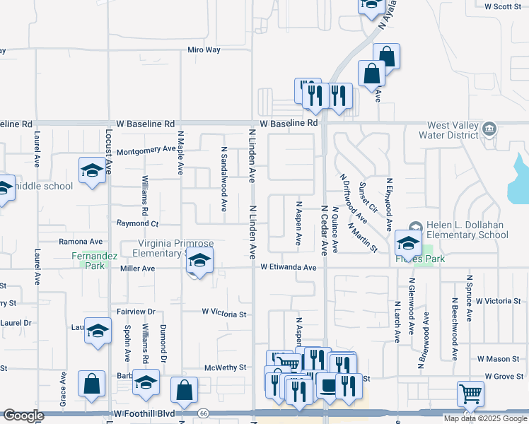 map of restaurants, bars, coffee shops, grocery stores, and more near 922 North Lancewood Avenue in Rialto