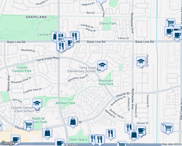map of restaurants, bars, coffee shops, grocery stores, and more near 11586 Claridge Drive in Rancho Cucamonga