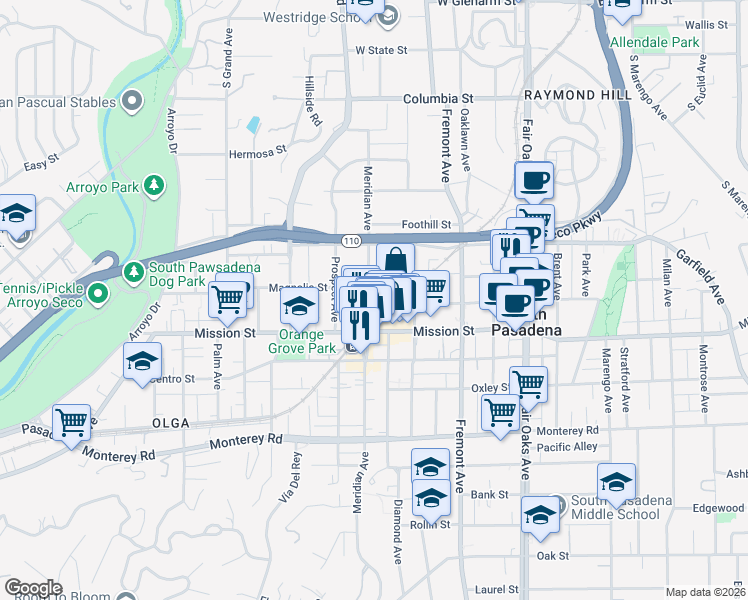 map of restaurants, bars, coffee shops, grocery stores, and more near 1011 Magnolia Street in South Pasadena
