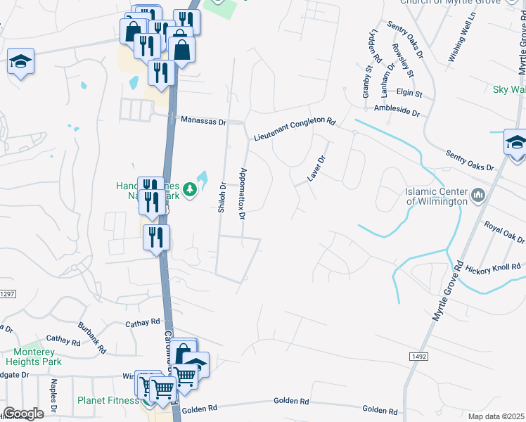 map of restaurants, bars, coffee shops, grocery stores, and more near Liberty Landing Way in Wilmington