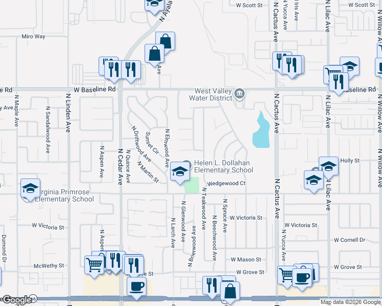 map of restaurants, bars, coffee shops, grocery stores, and more near 1029 West Madrona Street in Rialto