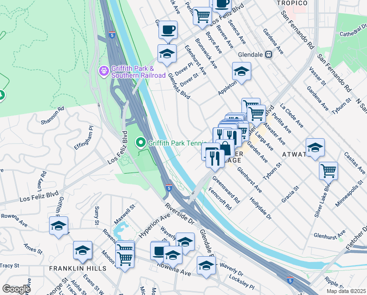 map of restaurants, bars, coffee shops, grocery stores, and more near 2985 Sunnynook Drive in Los Angeles