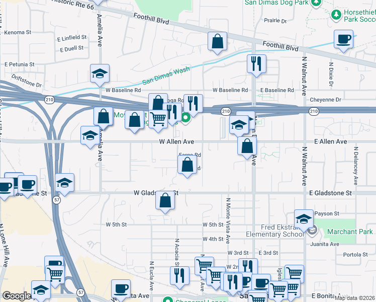 map of restaurants, bars, coffee shops, grocery stores, and more near 339 West Allen Avenue in San Dimas