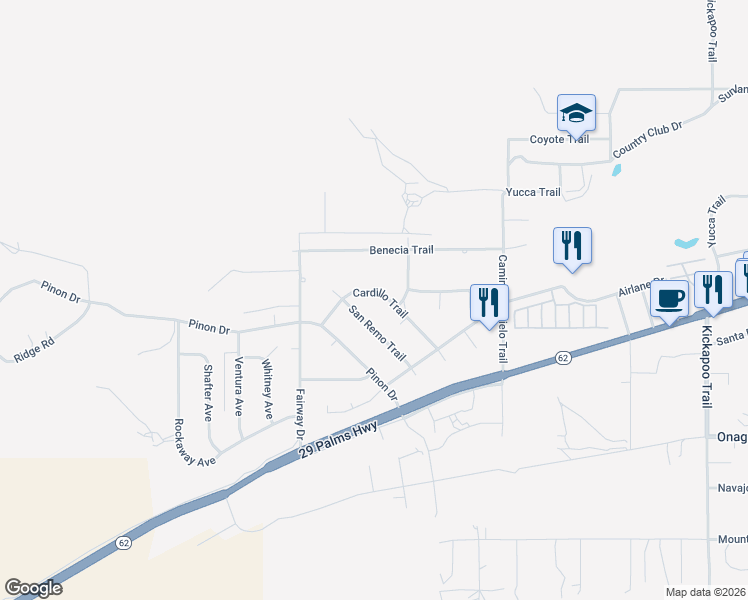 map of restaurants, bars, coffee shops, grocery stores, and more near 7464 Cardillo Trail in Yucca Valley