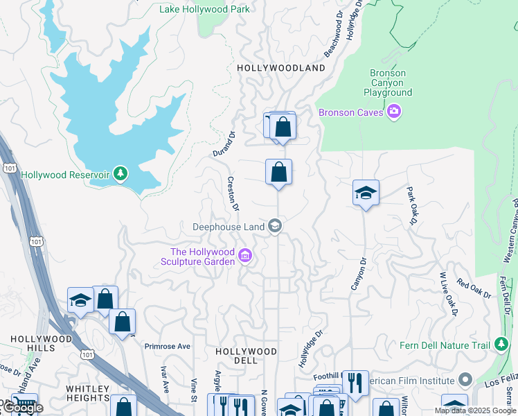 map of restaurants, bars, coffee shops, grocery stores, and more near 6136 Glen Alder Street in Los Angeles