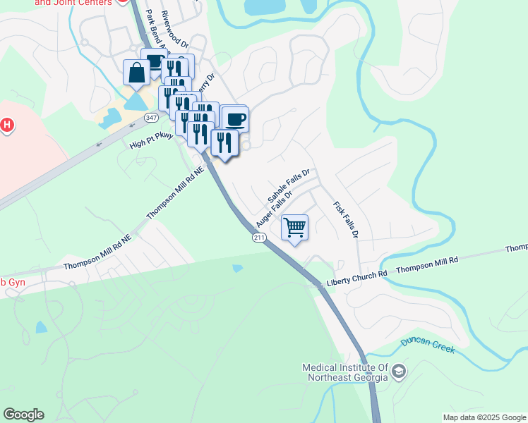 map of restaurants, bars, coffee shops, grocery stores, and more near 1662 Sahale Falls Drive in Braselton