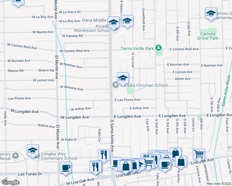 map of restaurants, bars, coffee shops, grocery stores, and more near 1930 South Santa Anita Avenue in Arcadia