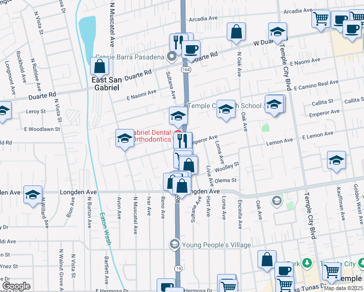 map of restaurants, bars, coffee shops, grocery stores, and more near 8939 Emperor Avenue in San Gabriel