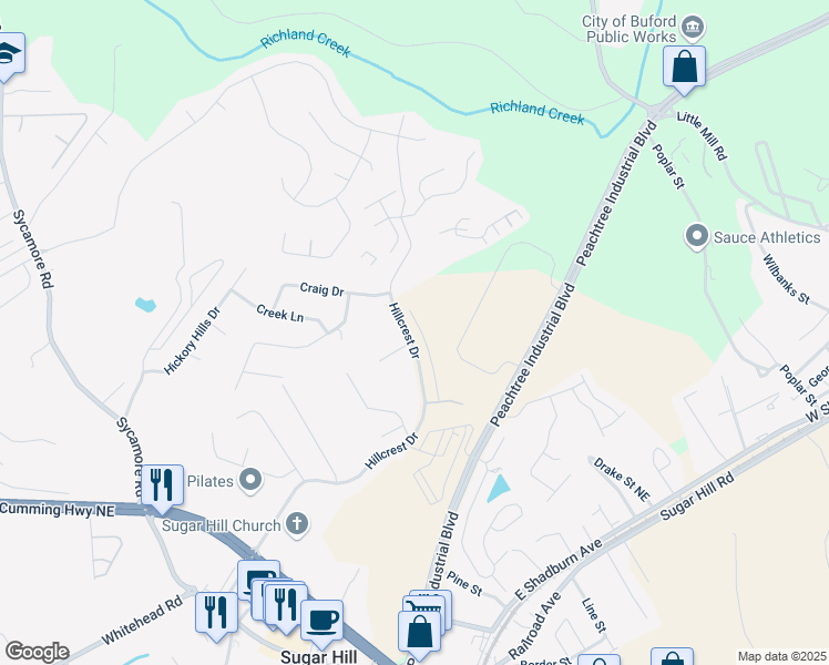 map of restaurants, bars, coffee shops, grocery stores, and more near 1276 Ainsworth Alley in Sugar Hill