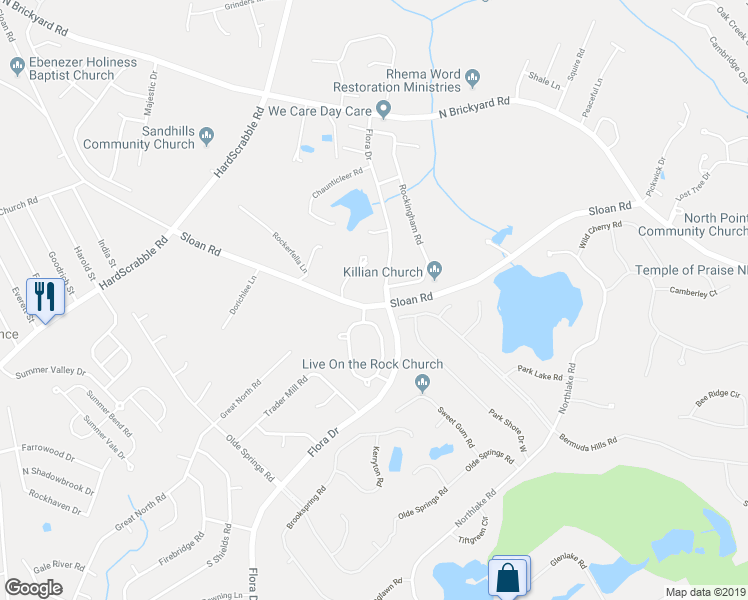 map of restaurants, bars, coffee shops, grocery stores, and more near 204 Sloan Road in Columbia