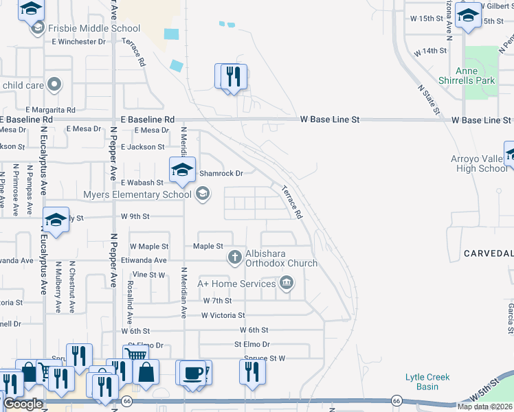 map of restaurants, bars, coffee shops, grocery stores, and more near 1010 Terrace Road in San Bernardino