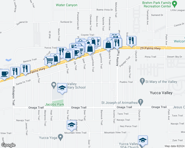 map of restaurants, bars, coffee shops, grocery stores, and more near 7442 Cherokee Trail in Yucca Valley