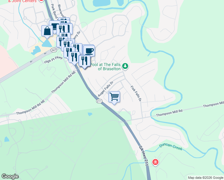 map of restaurants, bars, coffee shops, grocery stores, and more near 1418 Kilchis Falls Way in Braselton