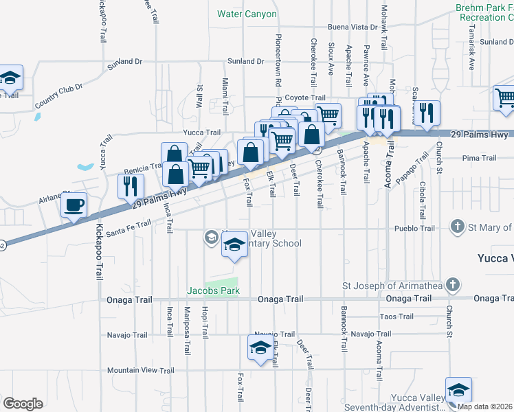 map of restaurants, bars, coffee shops, grocery stores, and more near 55747 Santa Fe Trail in Yucca Valley