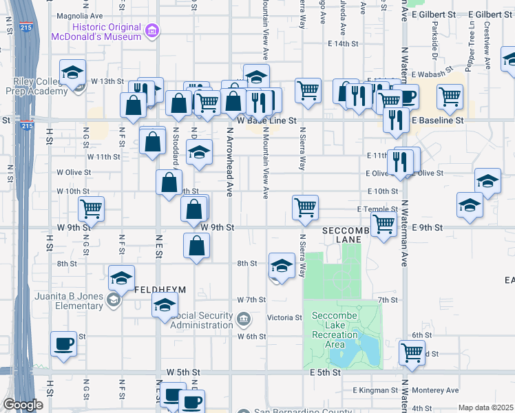 map of restaurants, bars, coffee shops, grocery stores, and more near 225 West 10th Street in San Bernardino