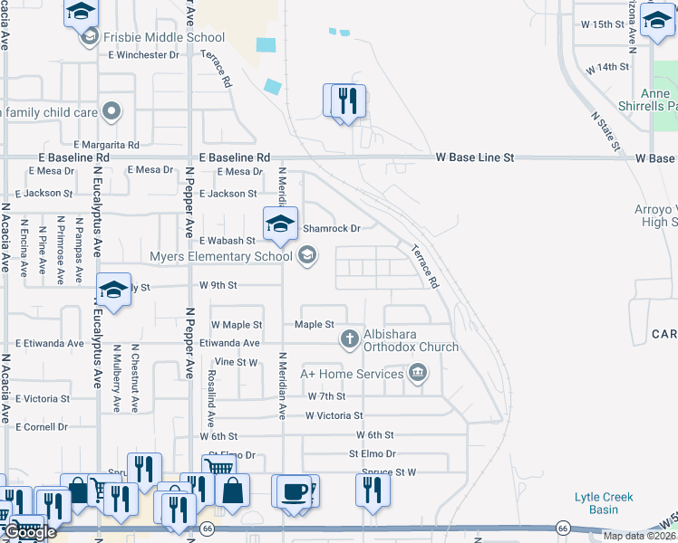 map of restaurants, bars, coffee shops, grocery stores, and more near 1189 Shamrock Drive in San Bernardino