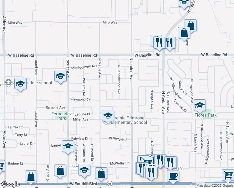 map of restaurants, bars, coffee shops, grocery stores, and more near 979 North Forest Avenue in Rialto