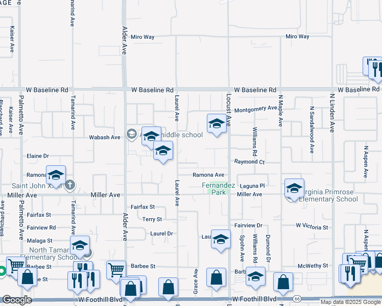 map of restaurants, bars, coffee shops, grocery stores, and more near 17975 San Jacinto Avenue in Fontana