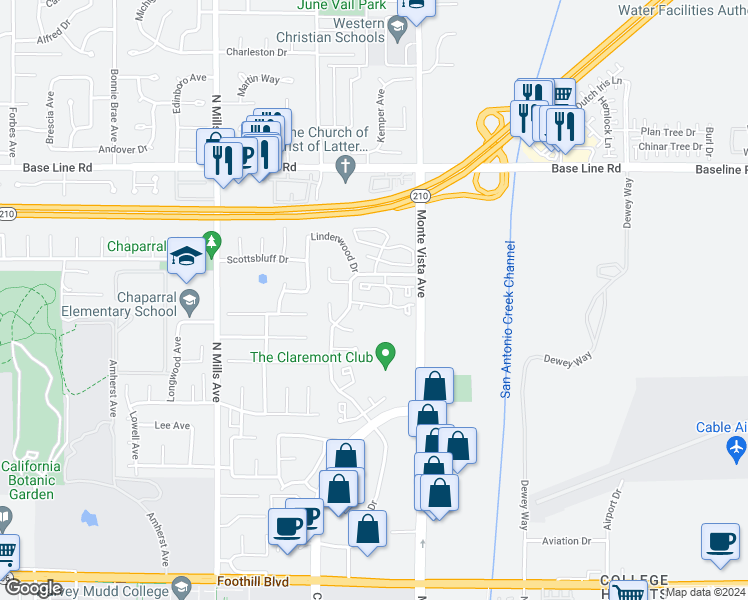 map of restaurants, bars, coffee shops, grocery stores, and more near 813 Manchester Court in Claremont