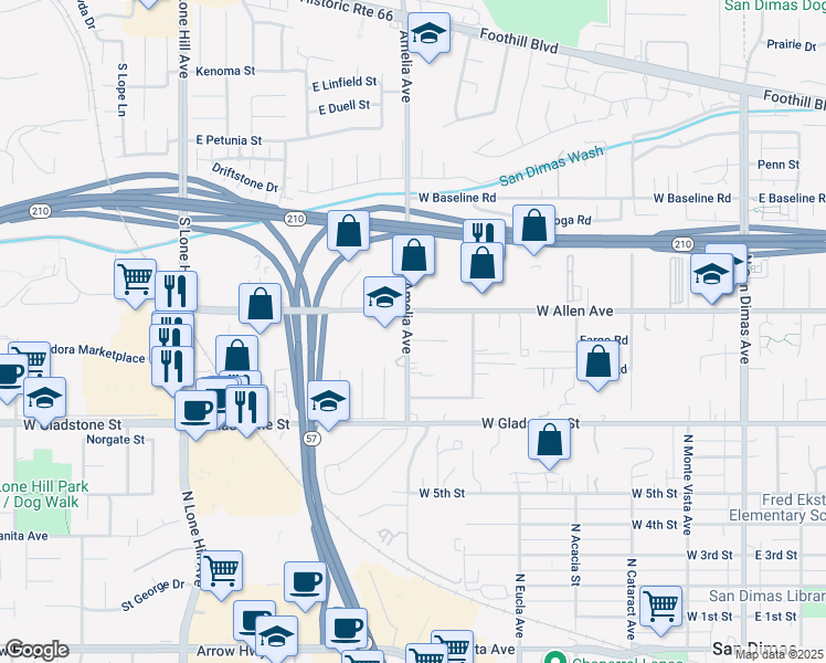 map of restaurants, bars, coffee shops, grocery stores, and more near 688 West Allen Avenue in San Dimas