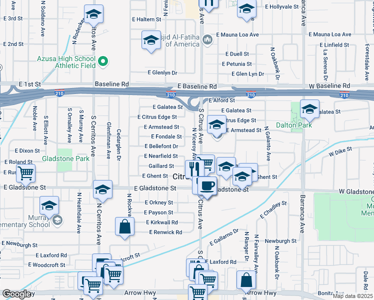 map of restaurants, bars, coffee shops, grocery stores, and more near 5739 North Viceroy Avenue in Azusa