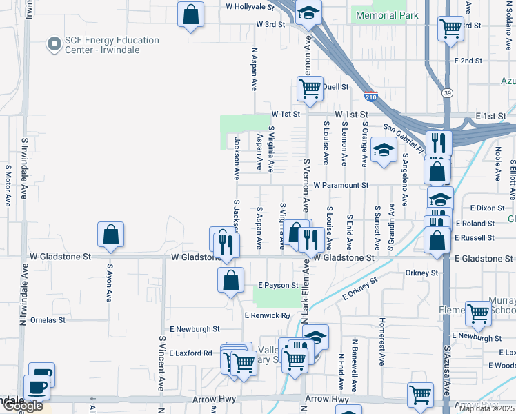 map of restaurants, bars, coffee shops, grocery stores, and more near 317 South Aspan Avenue in Azusa