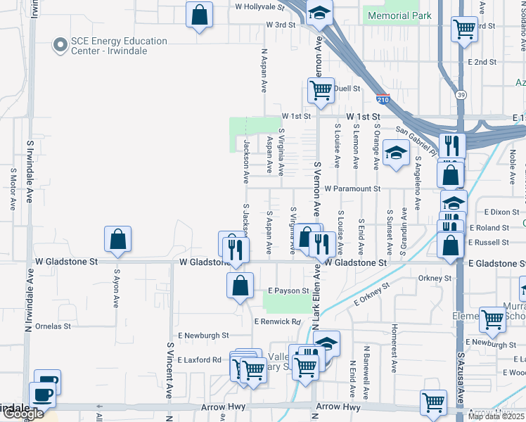 map of restaurants, bars, coffee shops, grocery stores, and more near 317 South Aspan Avenue in Azusa