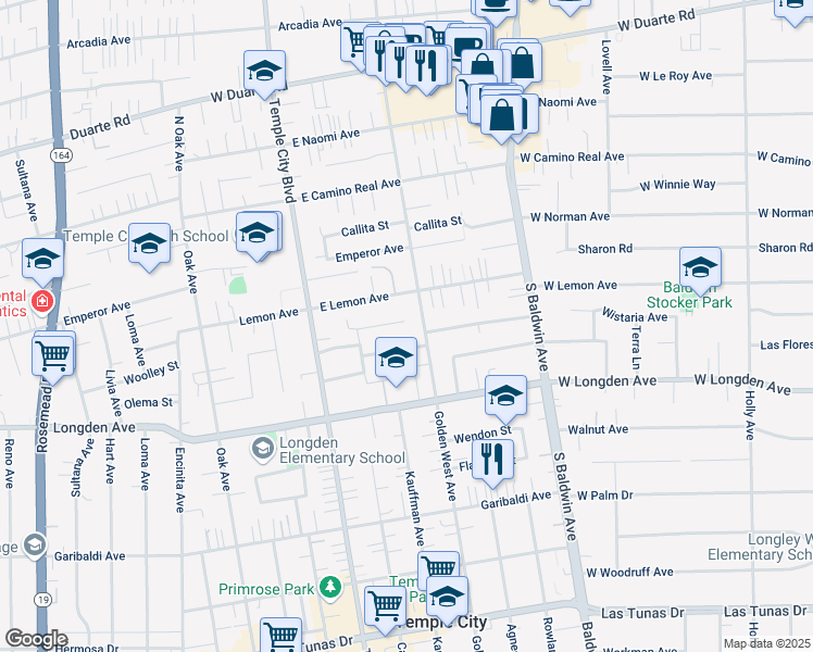 map of restaurants, bars, coffee shops, grocery stores, and more near 6443 Golden West Avenue in Temple City