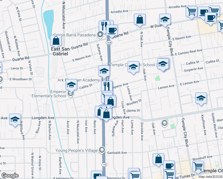 map of restaurants, bars, coffee shops, grocery stores, and more near 9021 Emperor Avenue in San Gabriel