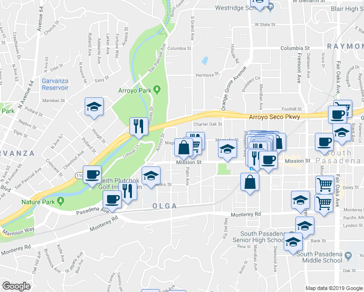 map of restaurants, bars, coffee shops, grocery stores, and more near 660 Forest Avenue in South Pasadena