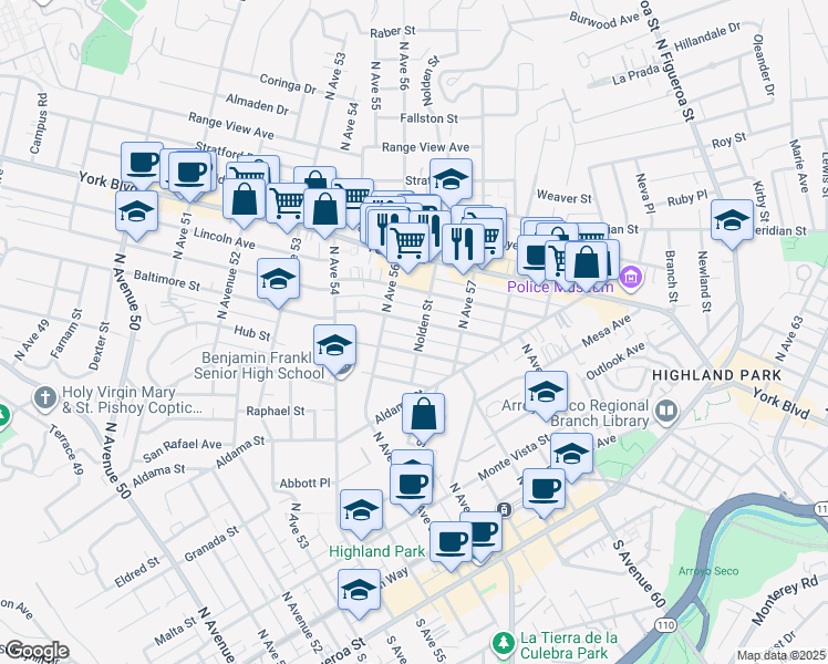 map of restaurants, bars, coffee shops, grocery stores, and more near 5655 Baltimore Street in Los Angeles