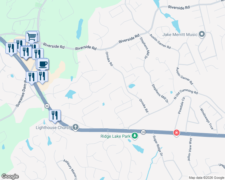 map of restaurants, bars, coffee shops, grocery stores, and more near 939 Avonley Creek Trace Northeast in Sugar Hill