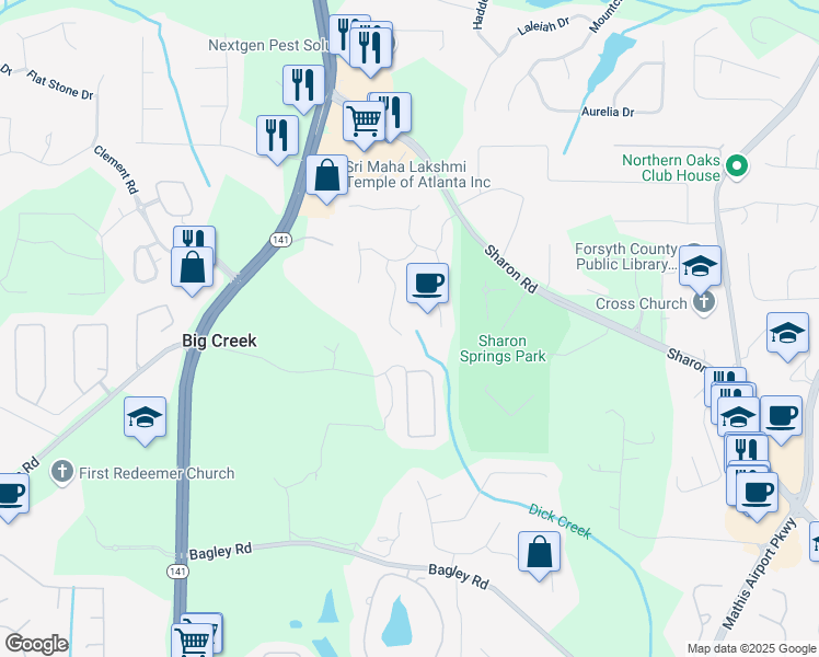 map of restaurants, bars, coffee shops, grocery stores, and more near 2185 Arbor Chase in Cumming