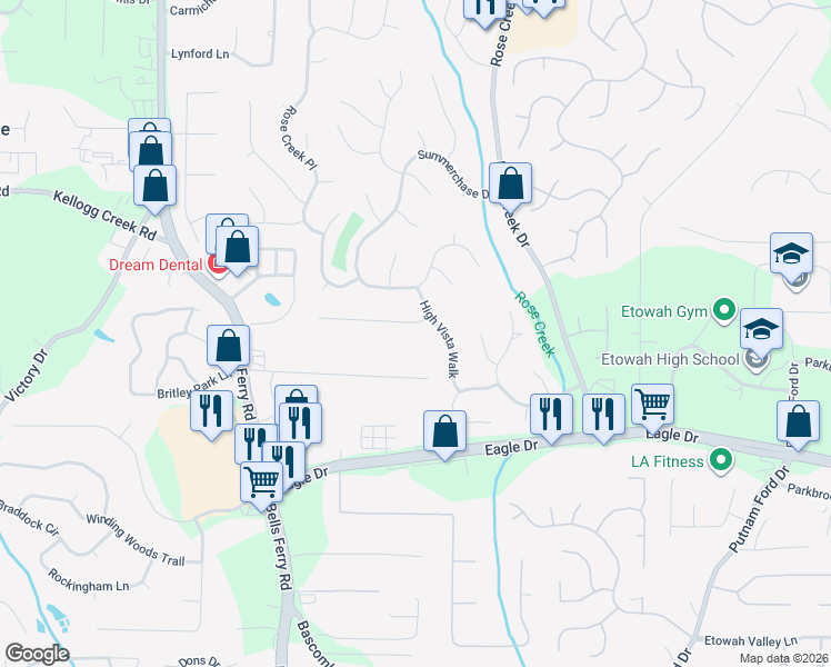 map of restaurants, bars, coffee shops, grocery stores, and more near 655 Briarleigh Way in Woodstock