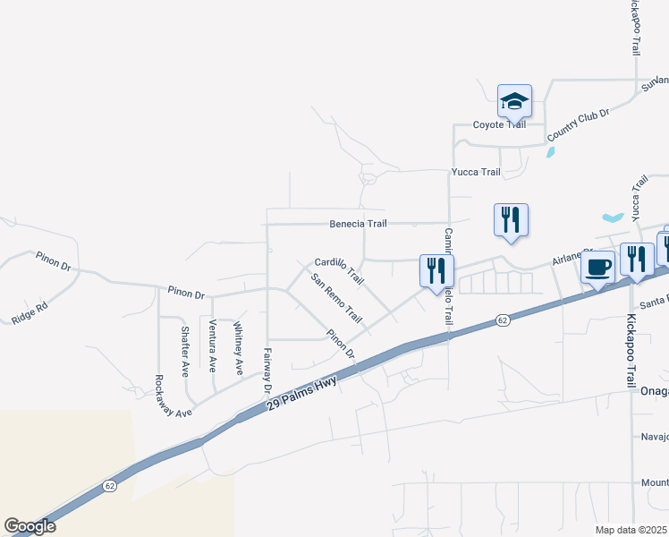 map of restaurants, bars, coffee shops, grocery stores, and more near 7464 Cardillo Trail in Yucca Valley