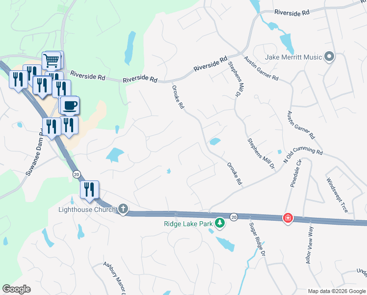map of restaurants, bars, coffee shops, grocery stores, and more near 939 Avonley Creek Trace Northeast in Sugar Hill