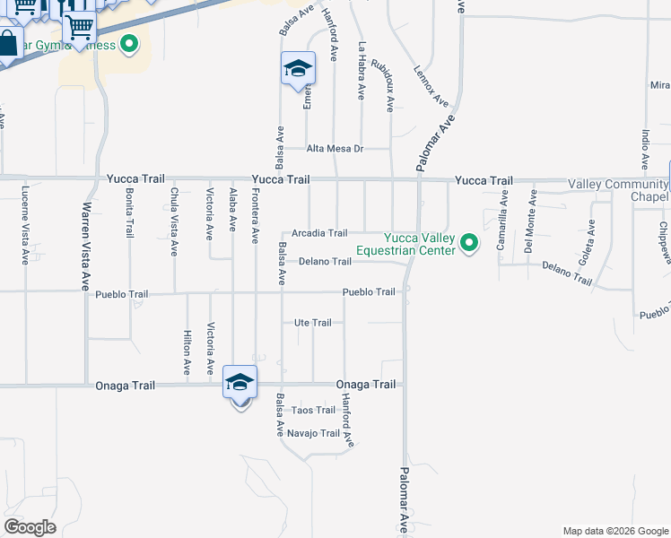 map of restaurants, bars, coffee shops, grocery stores, and more near 58261 Delano Trail in Yucca Valley