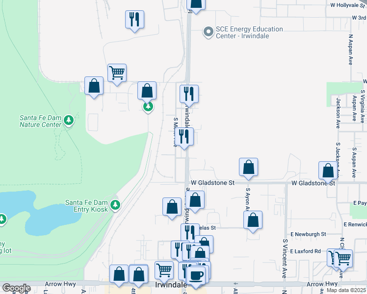 map of restaurants, bars, coffee shops, grocery stores, and more near 333 South Irwindale Avenue in Azusa